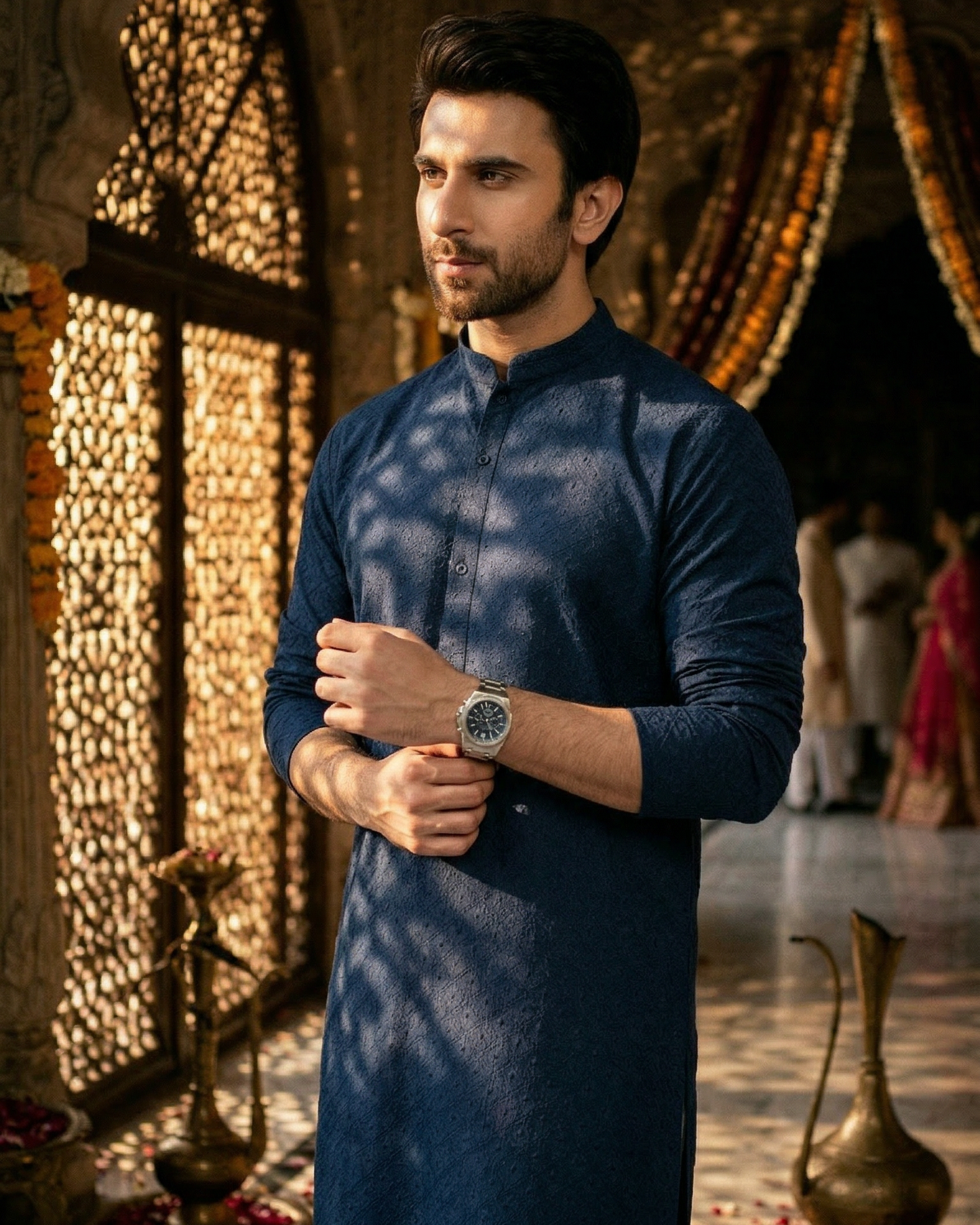 Navy Blue Men's kurta Embroidered (Chikan Kari)