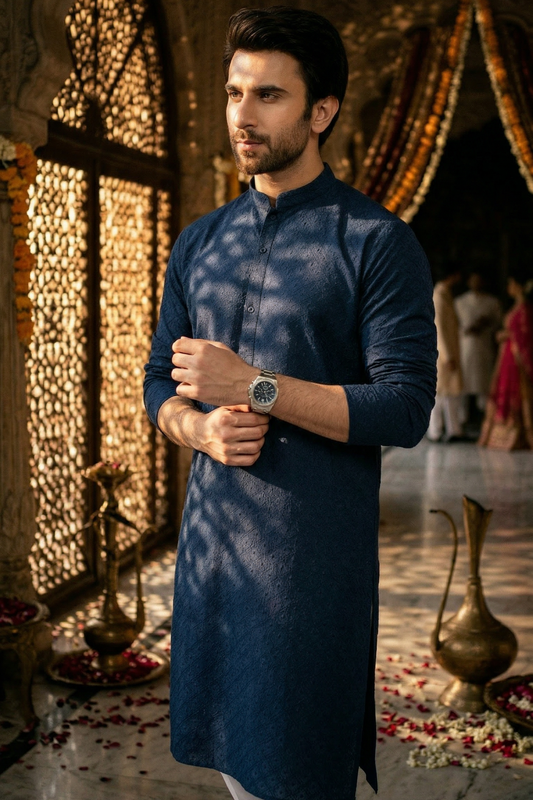 Navy Blue Men's kurta Embroidered (Chikan Kari)