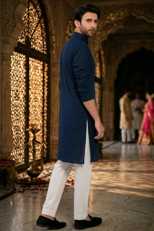 Navy Blue Men's kurta Embroidered (Chikan Kari)