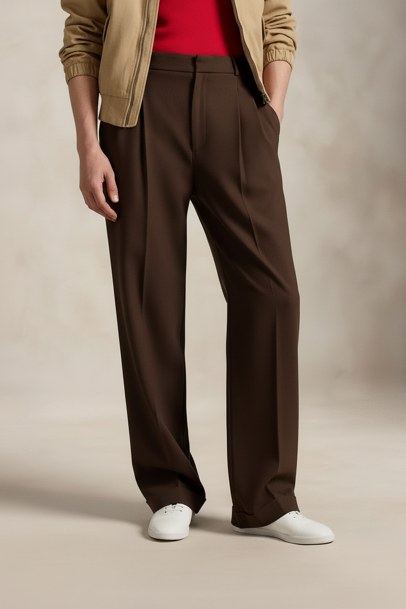 Double pleat Chocolate Brown straight leg pants for MENS
