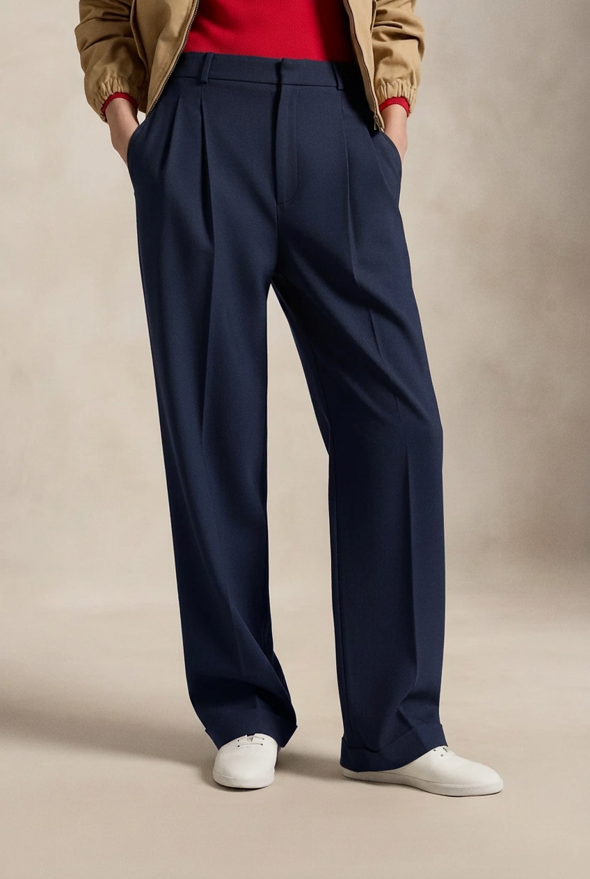 Double pleat blue straight leg pants MENS