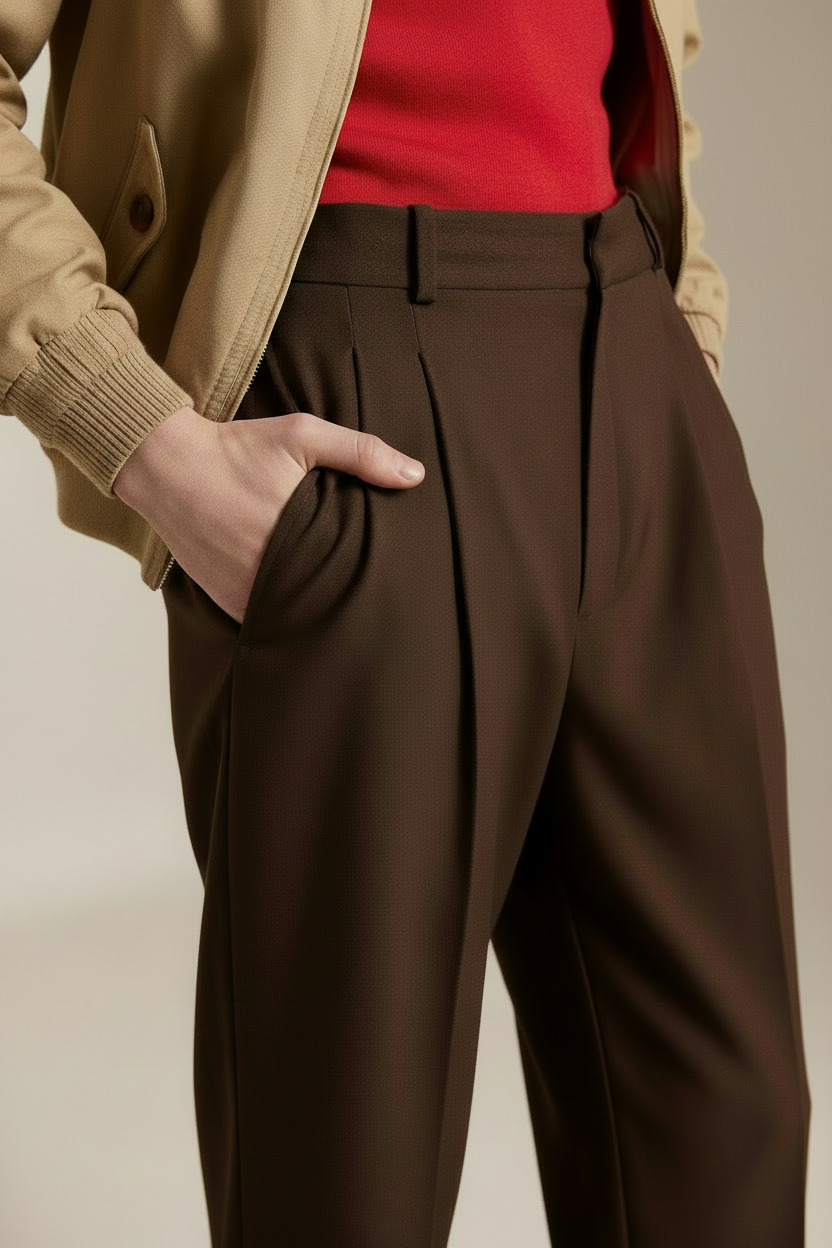 Double pleat Chocolate Brown straight leg pants for MENS