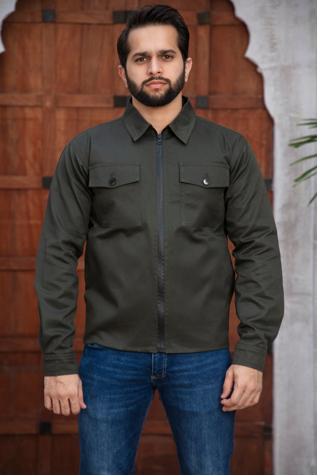 Men wearing green jacket with front pose