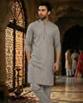 Silver Grey Men's kurta Pajama Set Embroidered (Chikan Kari)