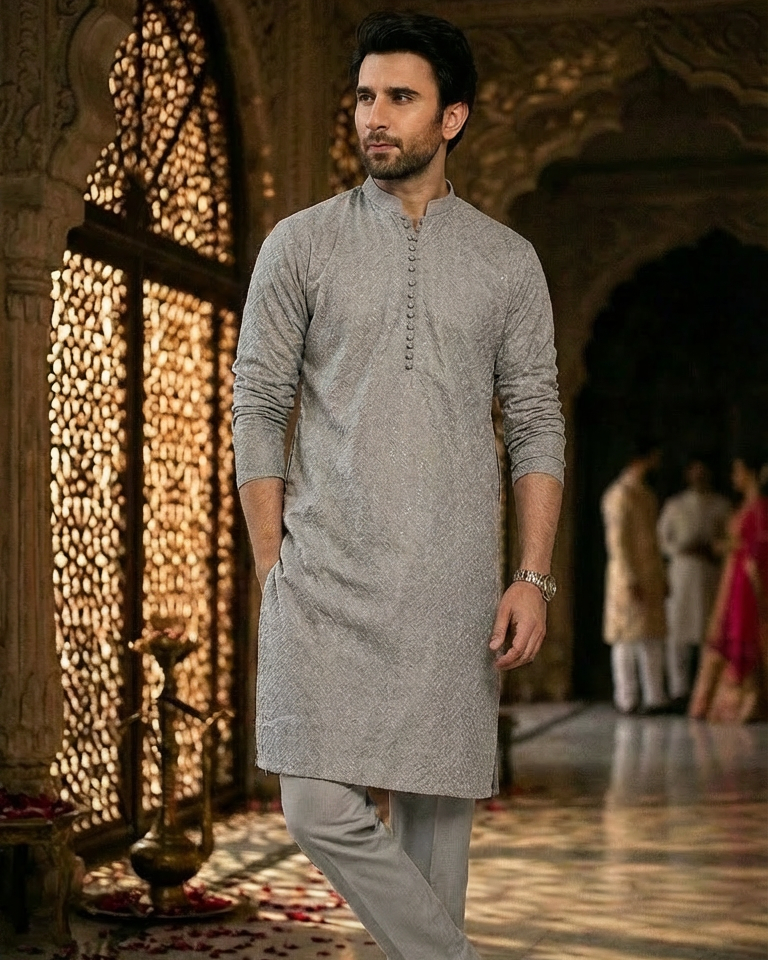 Silver Grey Men's kurta Pajama Set Embroidered (Chikan Kari)