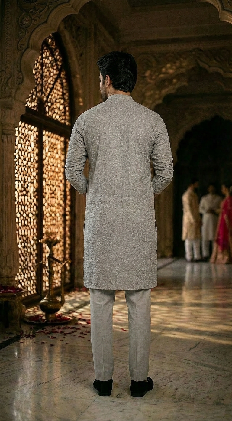 Silver Grey Men's kurta Pajama Set Embroidered (Chikan Kari)