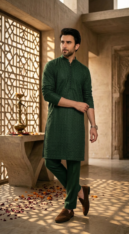 Bottle Green Men's kurta Pajama Set Embroidered (Chikan Kari)