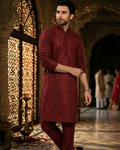 Maroon Men's kurta Pajama Set Embroidered (Chikan Kari)