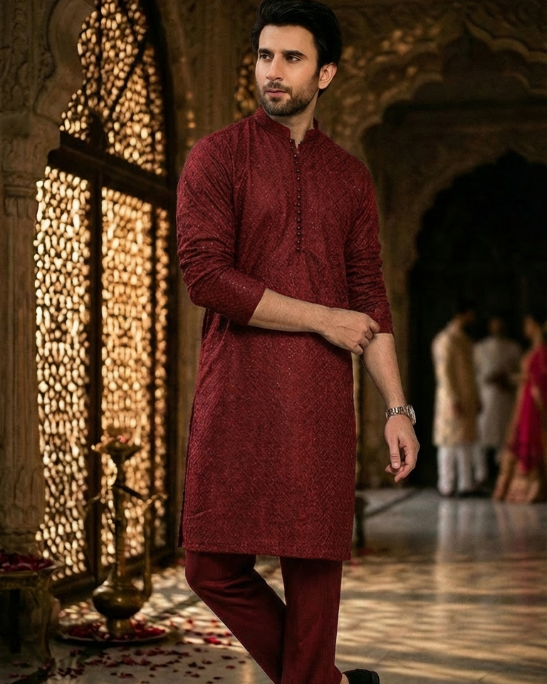Maroon Men's kurta Pajama Set Embroidered (Chikan Kari)