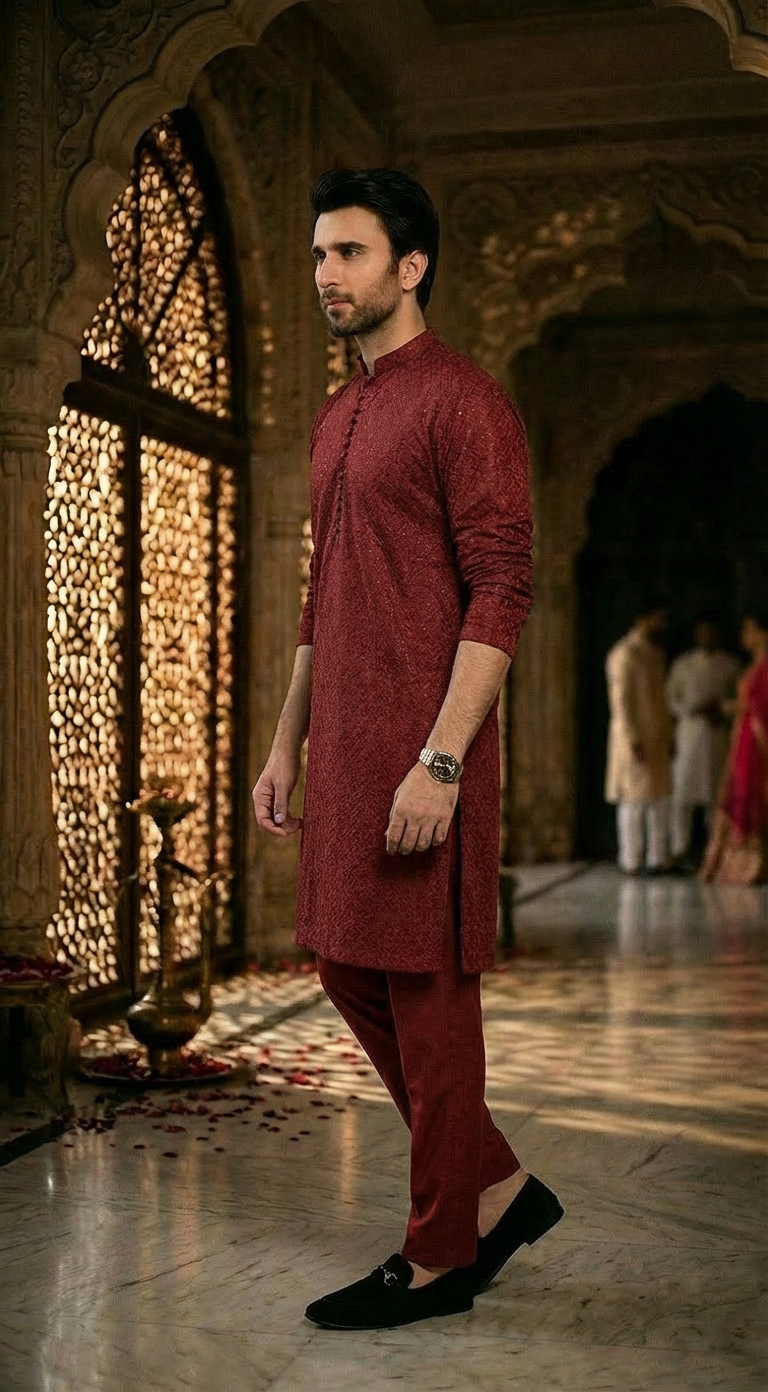 Maroon Men's kurta Pajama Set Embroidered (Chikan Kari)