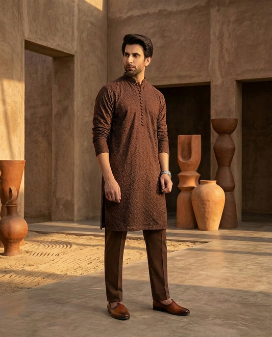 Brown Men's kurta Pajama Set Embroidered (Chikan Kari)
