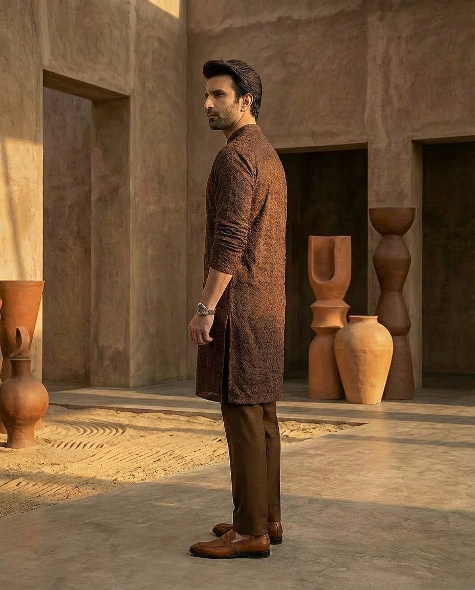 Brown Men's kurta Pajama Set Embroidered (Chikan Kari)