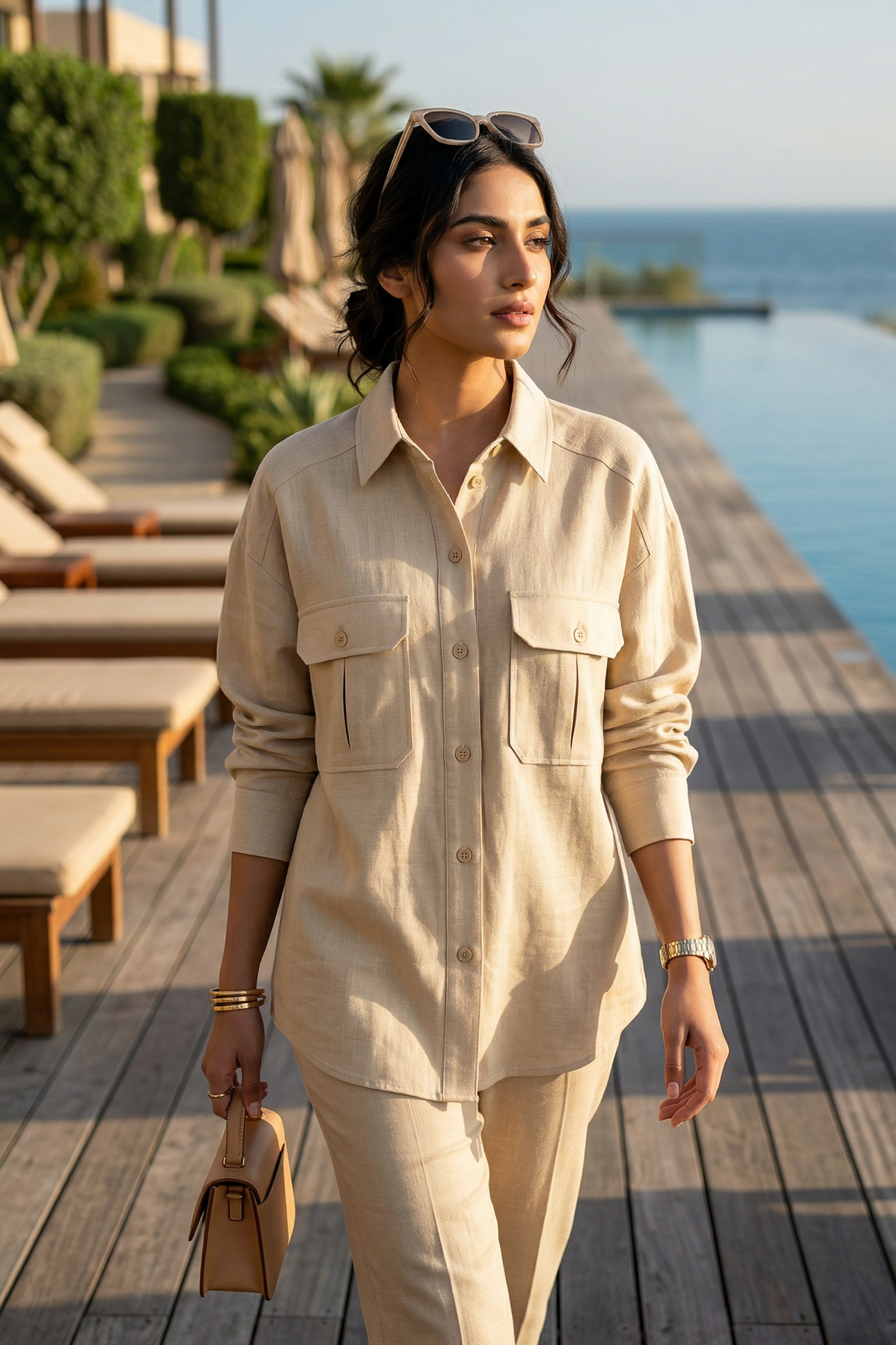 Oversized Linen-blend Cargo Shirt Beige