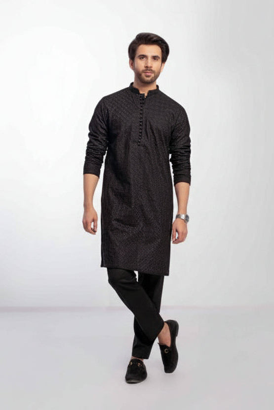 Black Men's kurta Pajama Set Embroidered (Chikan Kari)