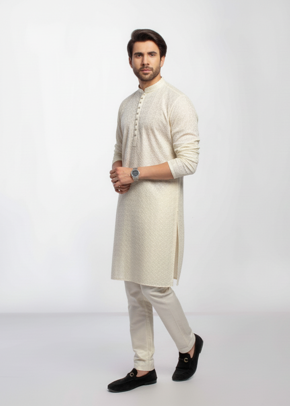 Off white Men's kurta Pajama Embroidered (Chikan Kari)
