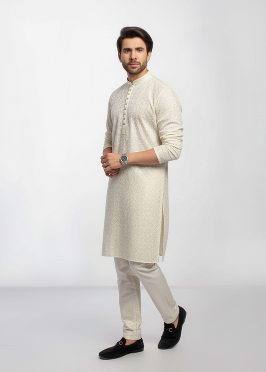 Off white Men's kurta Pajama Embroidered (Chikan Kari)