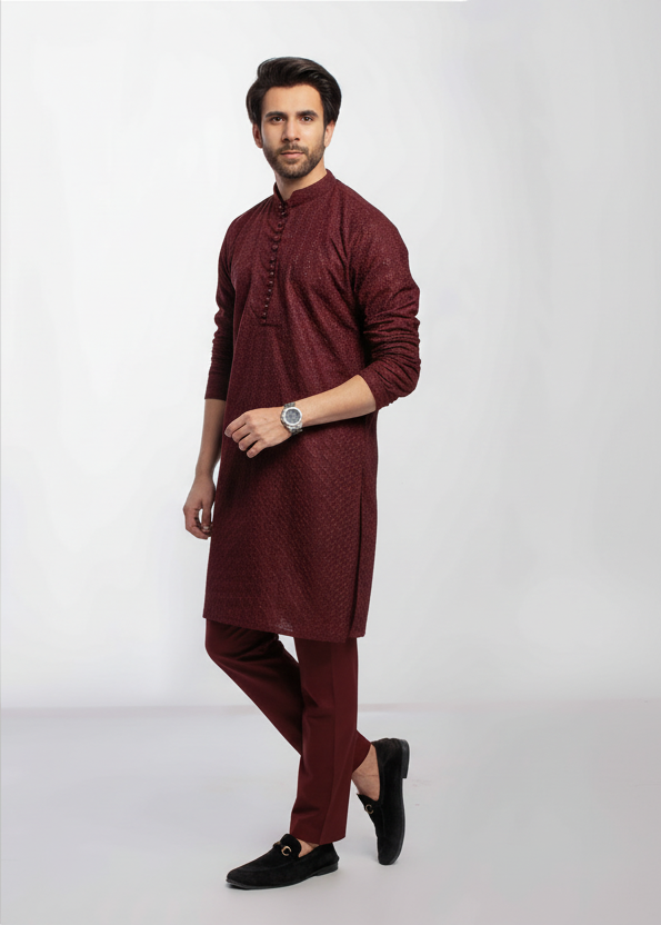 Maroon Men's kurta Pajama Set Embroidered (Chikan Kari)