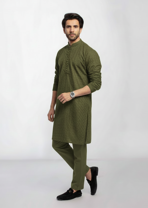 Mehendi Green Men's kurta Pajama Embroidered (Chikan Kari)