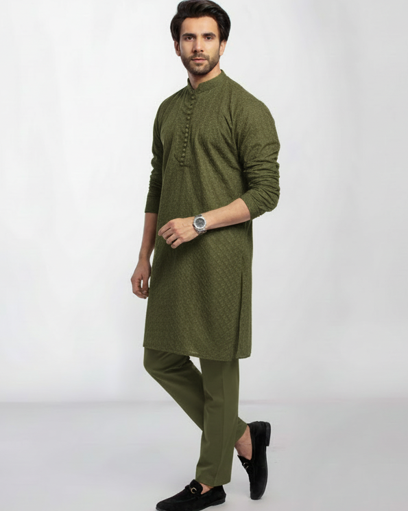Mehendi Green Men's kurta Pajama Set Embroidered (Chikan Kari)
