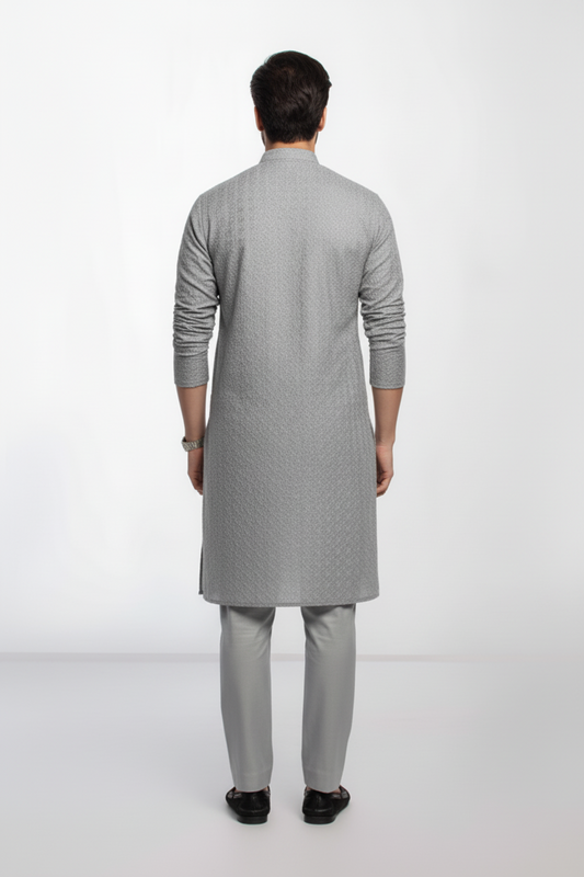 Silver Grey Men's kurta Pajama Embroidered (Chikan Kari)
