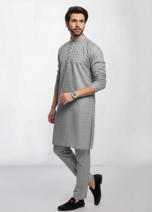 Silver Grey Men's kurta Pajama Embroidered (Chikan Kari)