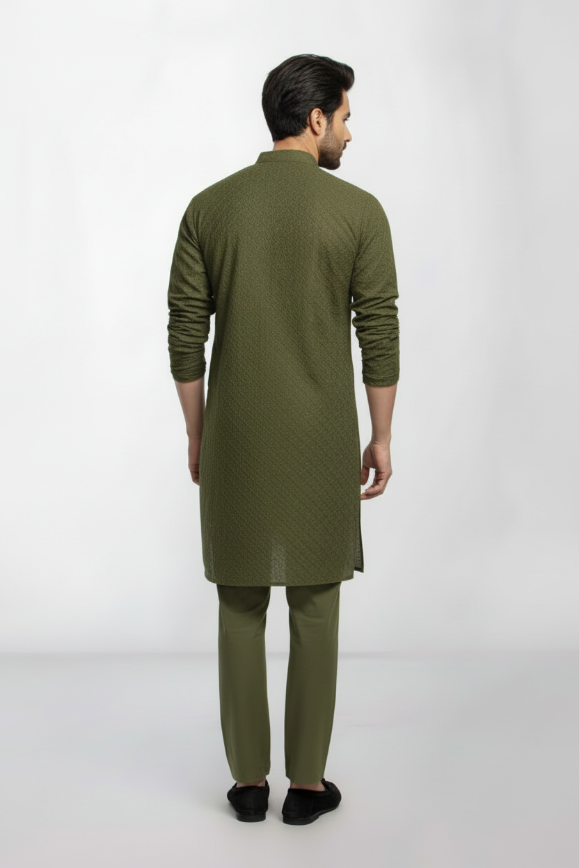 Mehendi Green Men's kurta Pajama Set Embroidered (Chikan Kari)