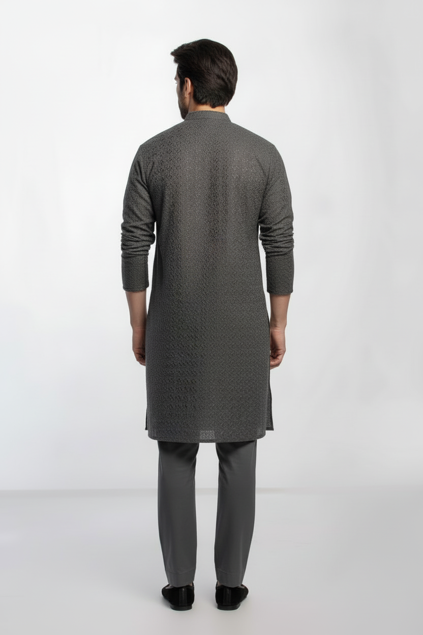 Graphite Grey Men's kurta Pajama Embroidered (Chikan Kari)