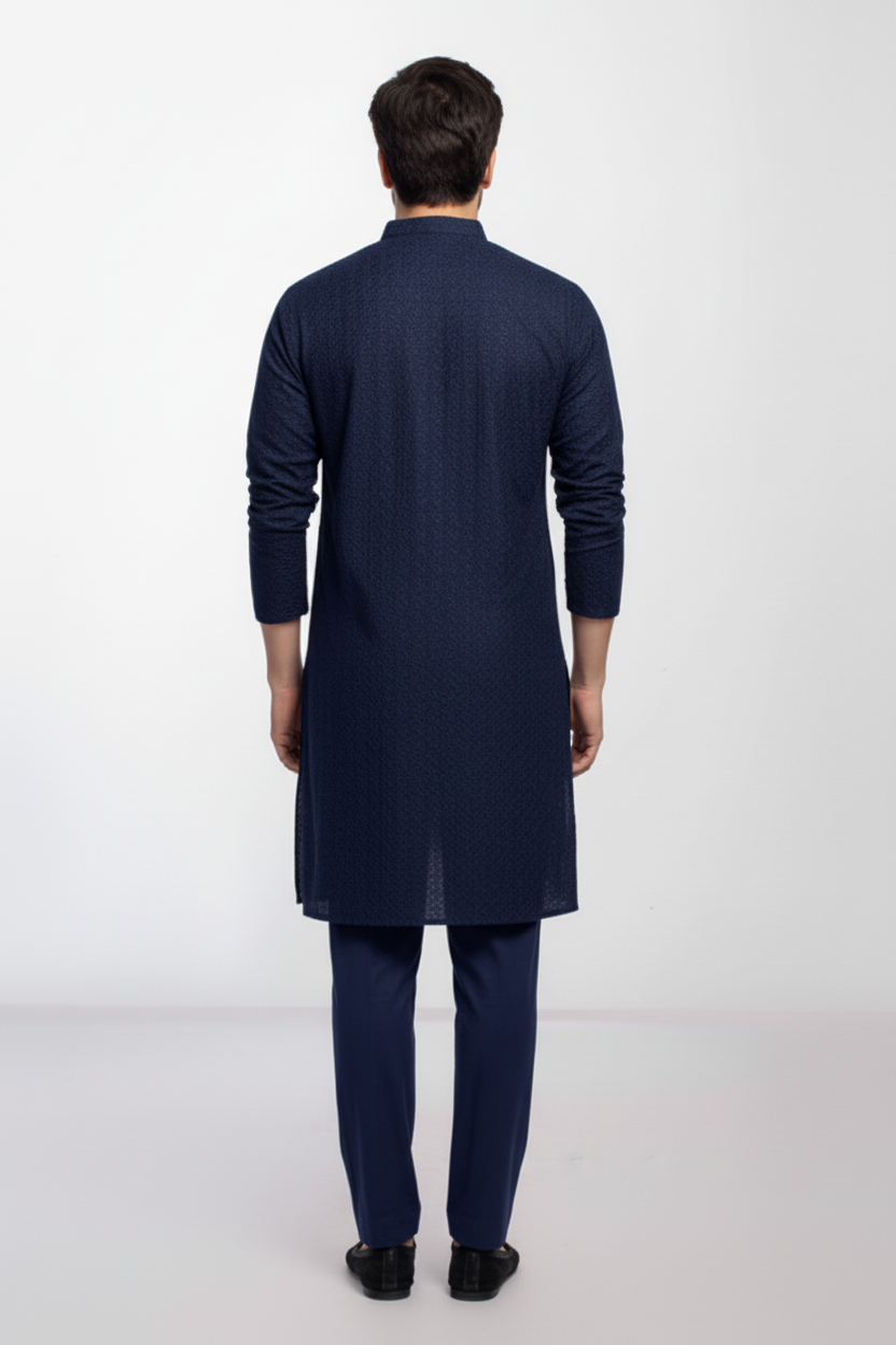 Navy Blue Men's kurta Pajama Set Embroidered (Chikan Kari)