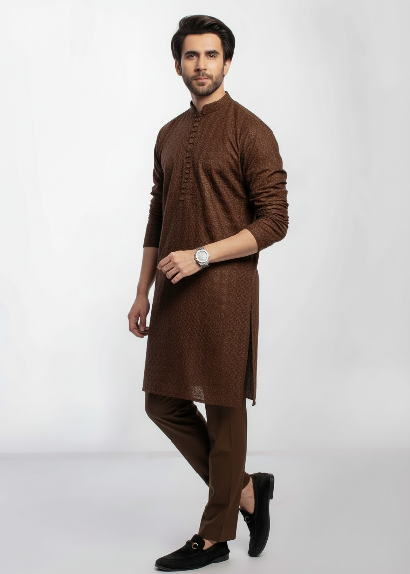 Brown Men's kurta Pajama Embroidered (Chikan Kari)