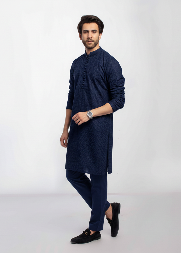 Navy Blue Men's kurta Pajama Set Embroidered (Chikan Kari)