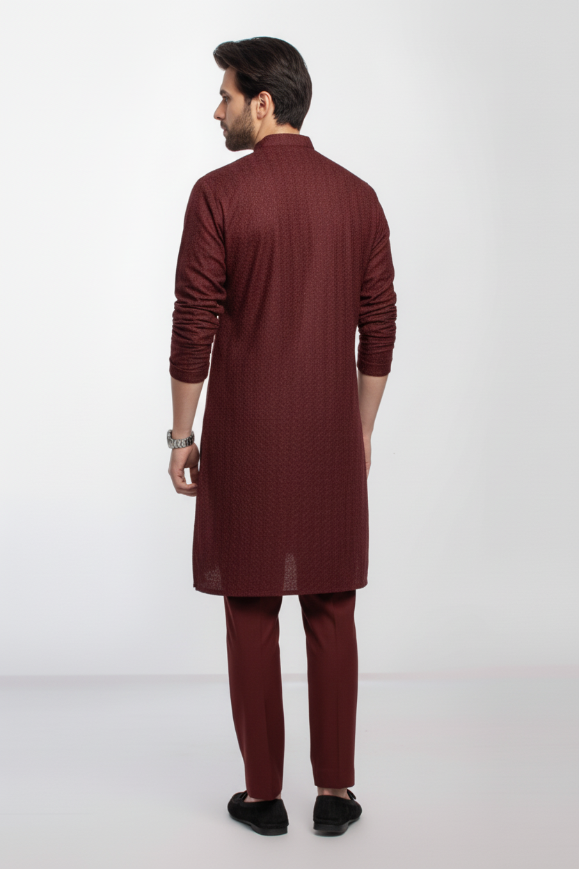 Maroon Men's kurta Pajama Set Embroidered (Chikan Kari)