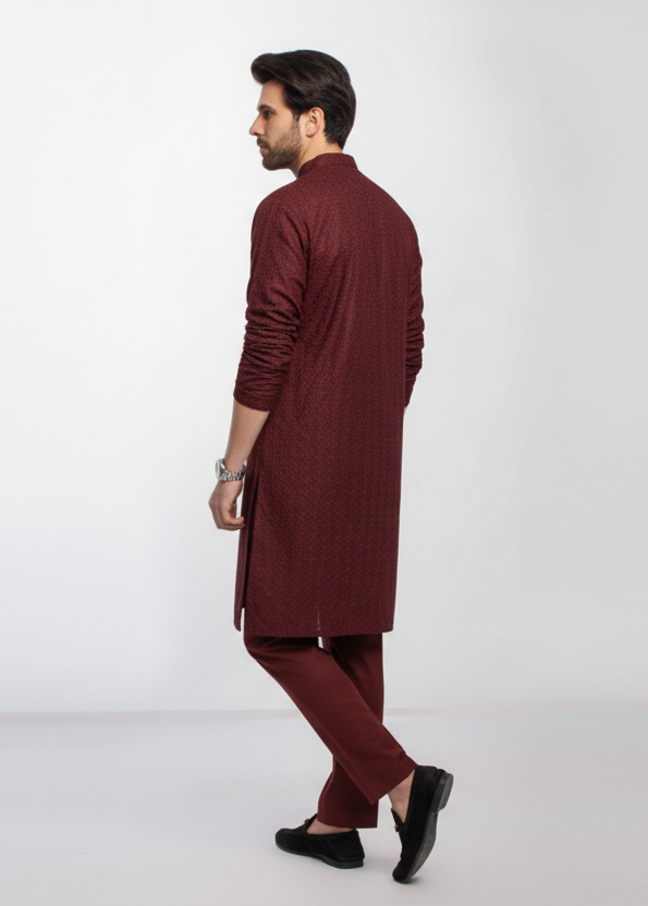 Maroon Men's kurta Pajama Set Embroidered (Chikan Kari)