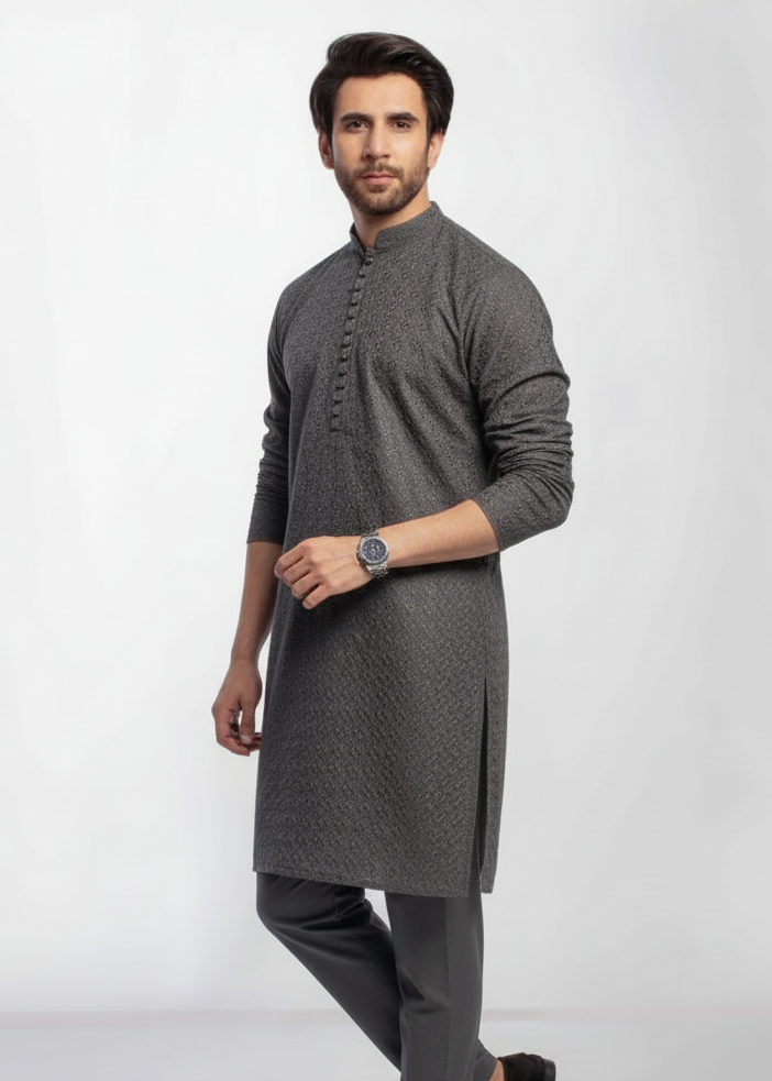 Graphite Grey Men's kurta Pajama Embroidered (Chikan Kari)