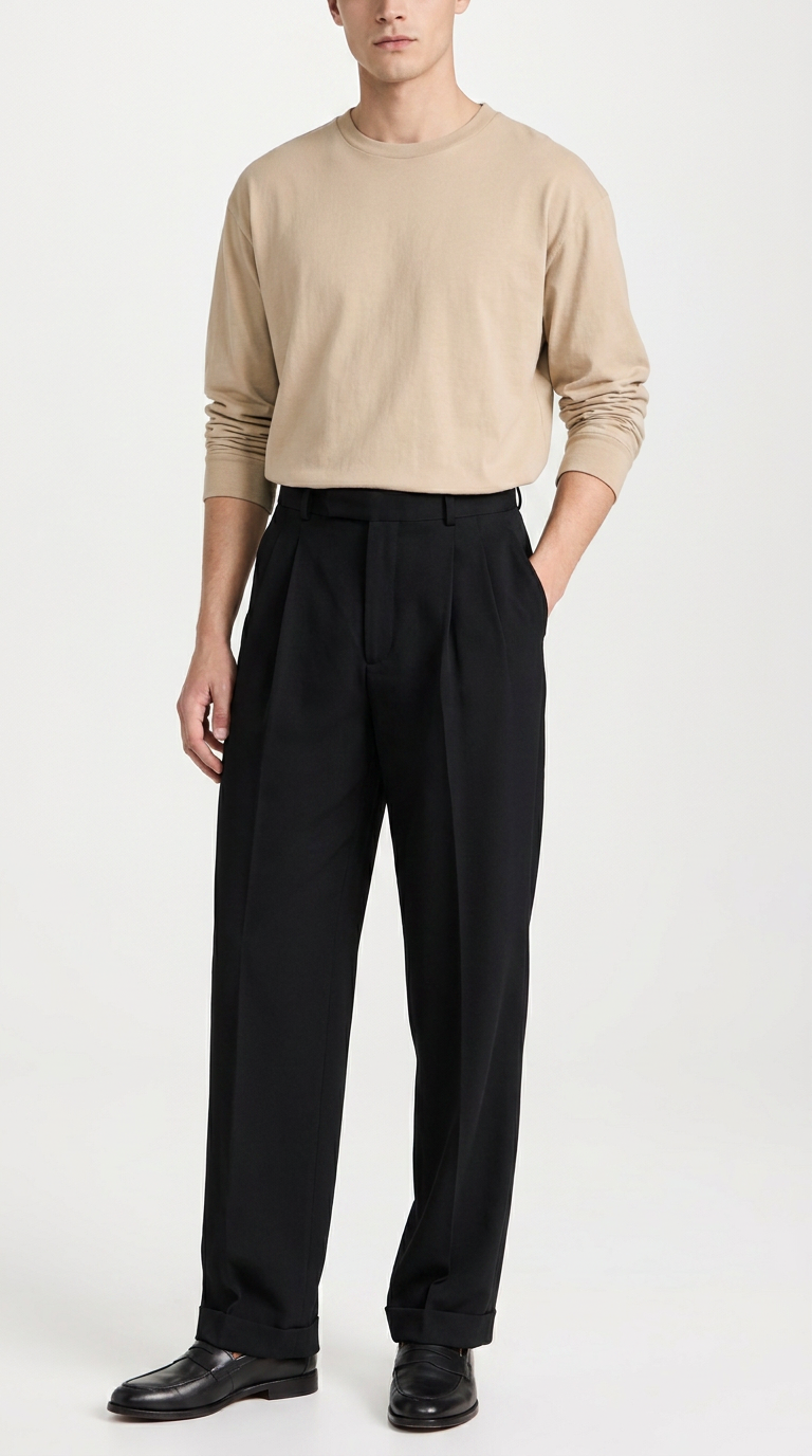 Double pleat Black straight leg pants  Mens