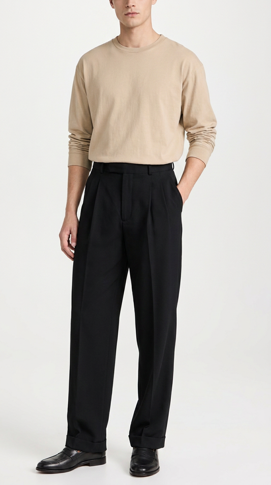 Double pleat Black straight leg pants  Mens