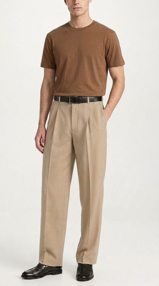 Double pleat Beige straight leg pants  Mens