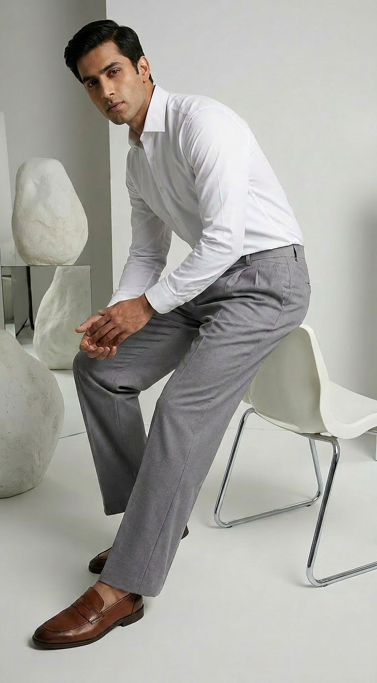 Double pleat grey straight leg pants  Mens