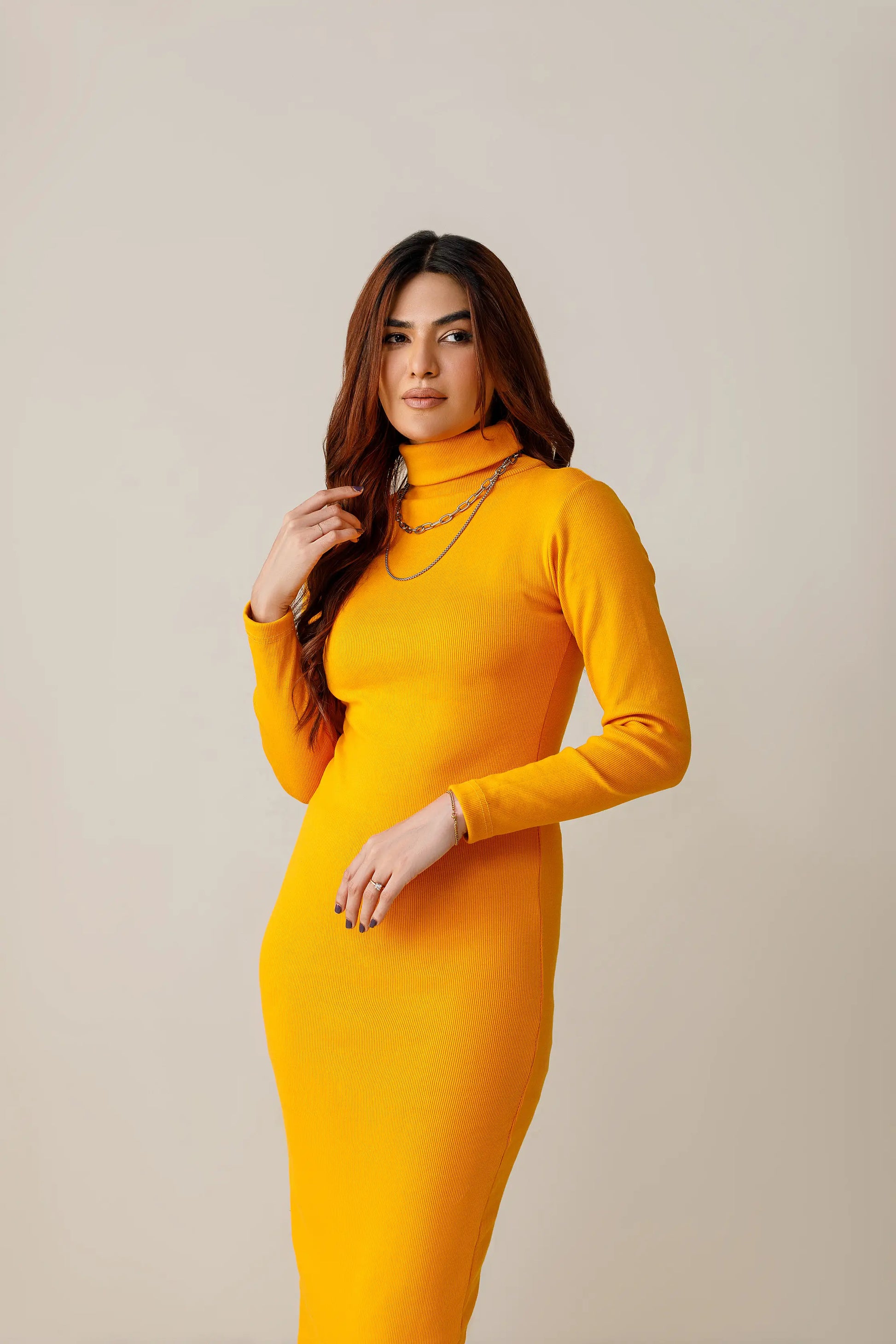 mustard long sleeve bodycon dress Yellow Artsy Baddie Long Sleeve Ribbed Knit Sweater Midi Bodycon Dress / S