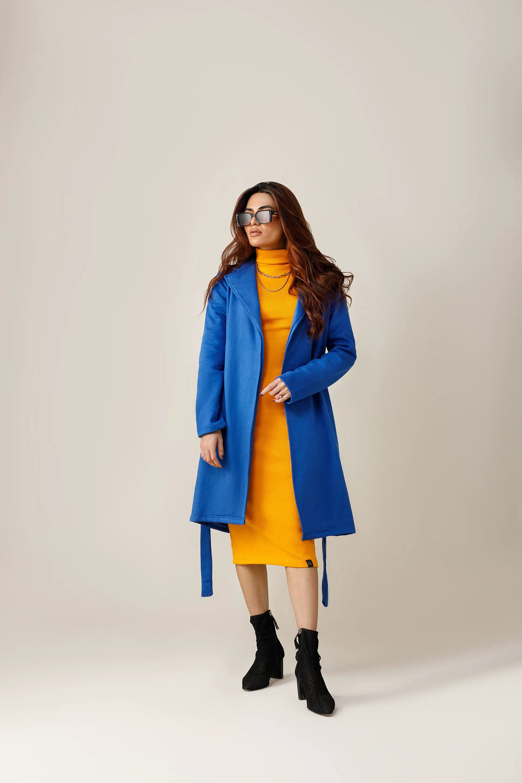 Women's blue long lapel coat.