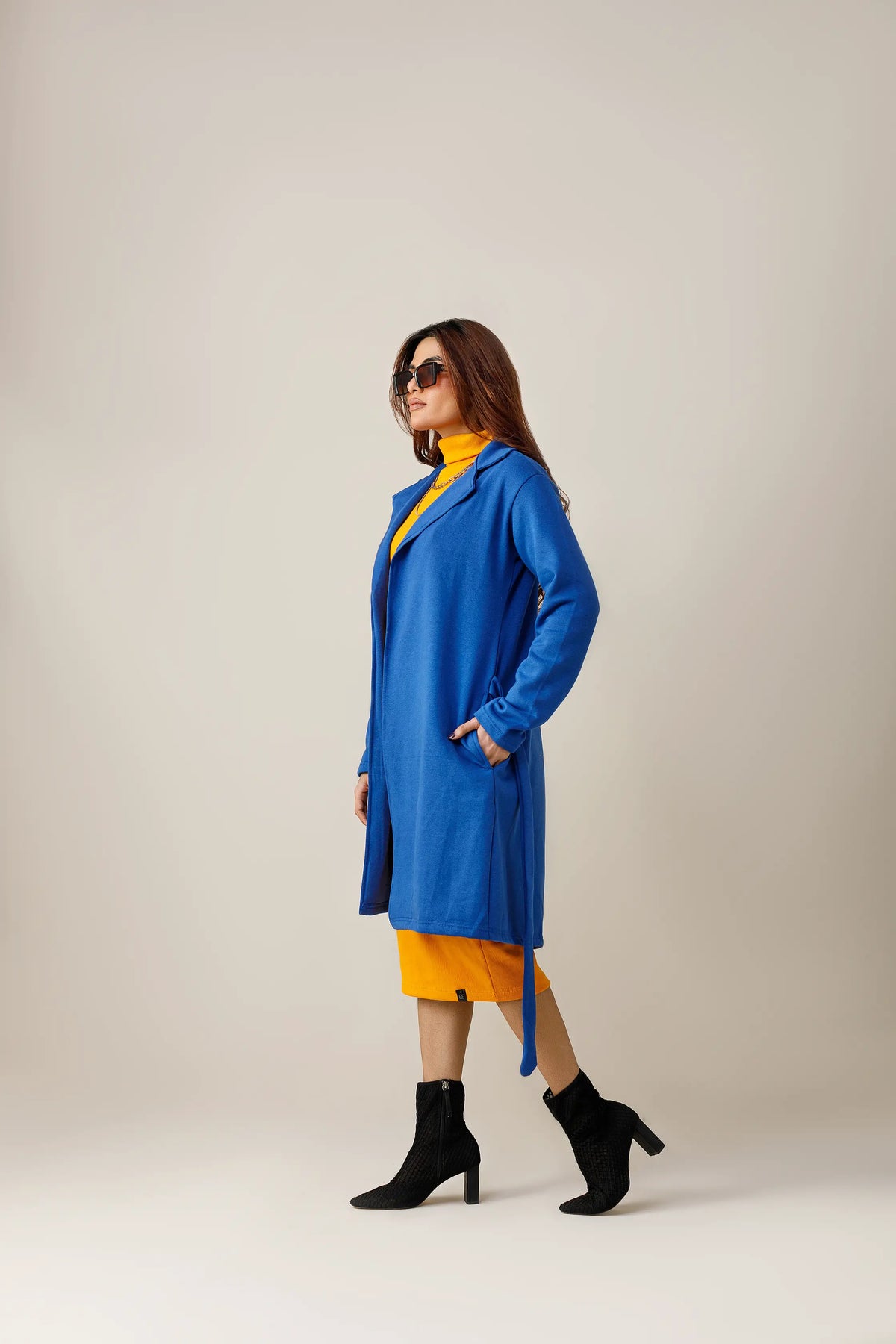 Women's blue long lapel coat.