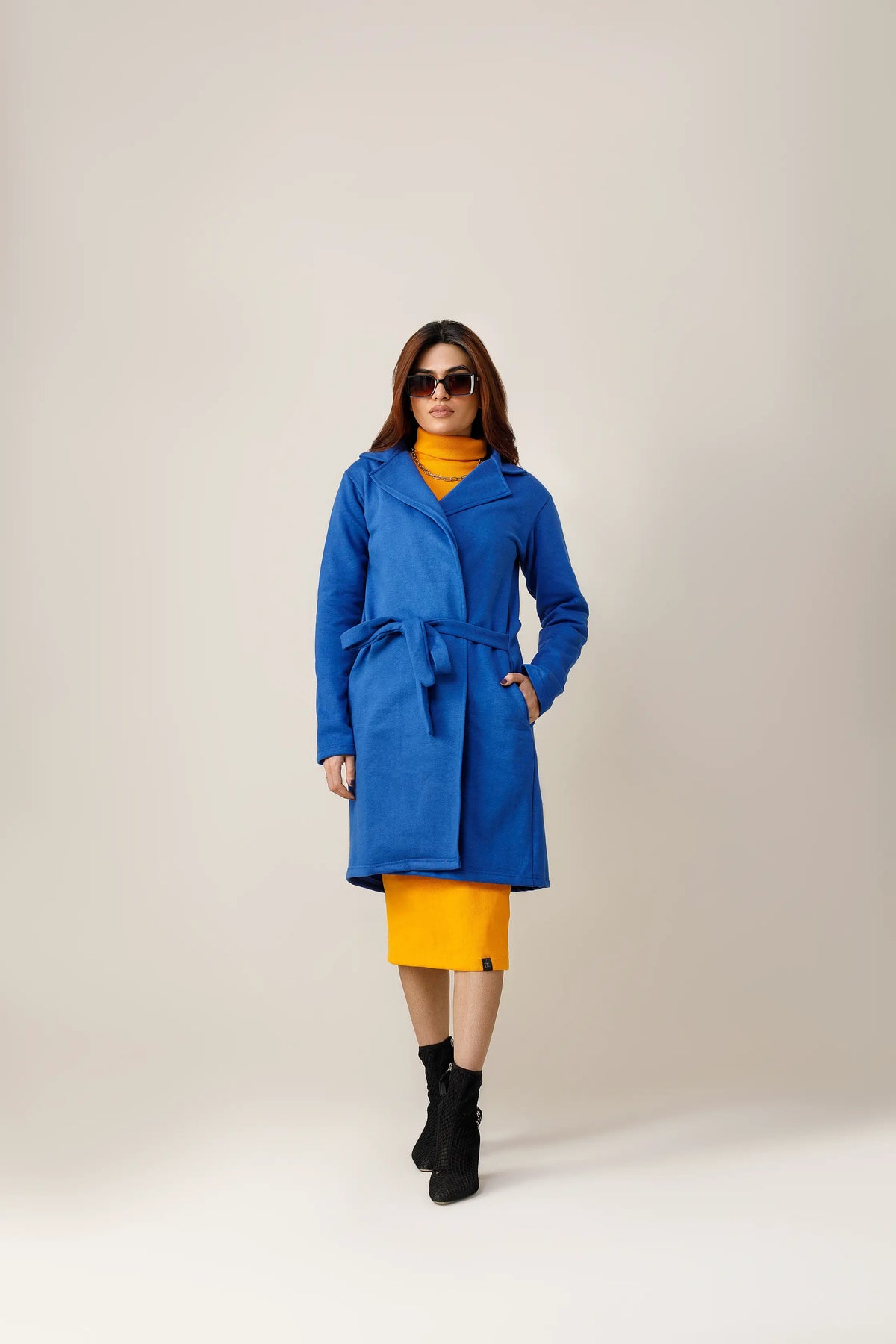 Women's blue long lapel coat.