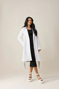 Women's white long lapel coat.