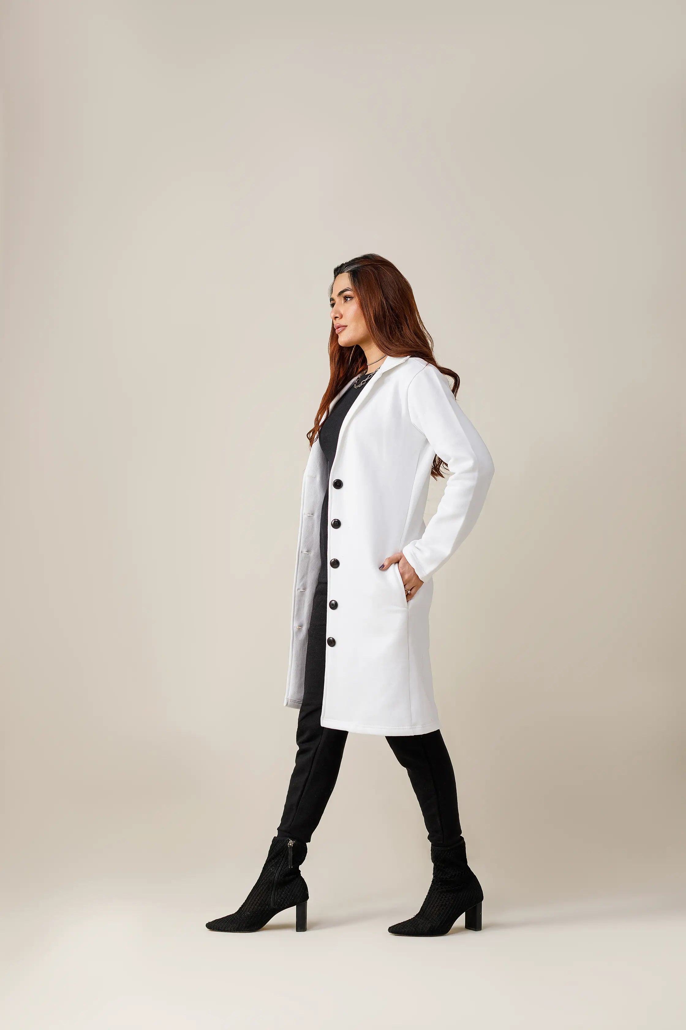 Women's fleece white short lapel coat.