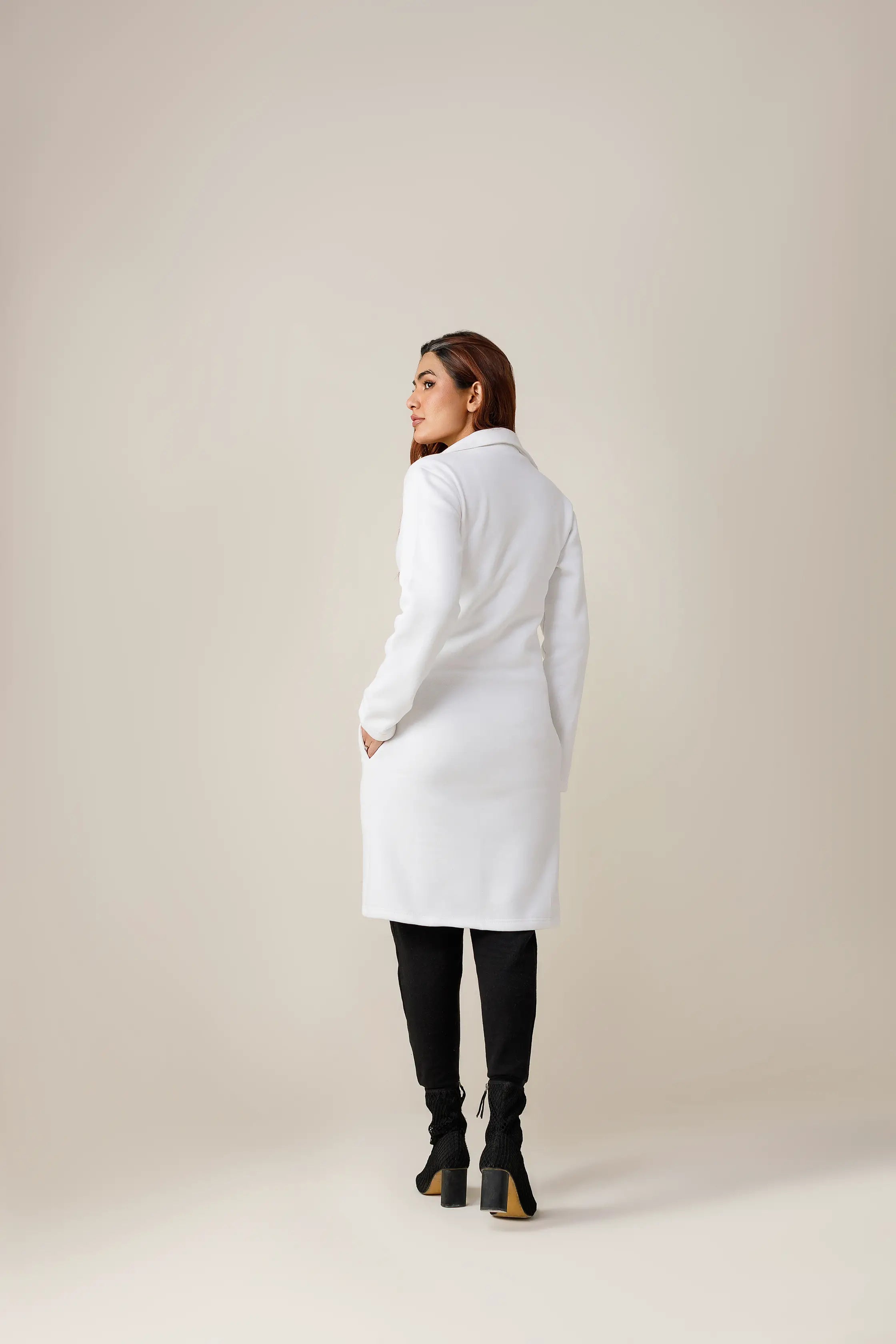 Women's fleece white short lapel coat.