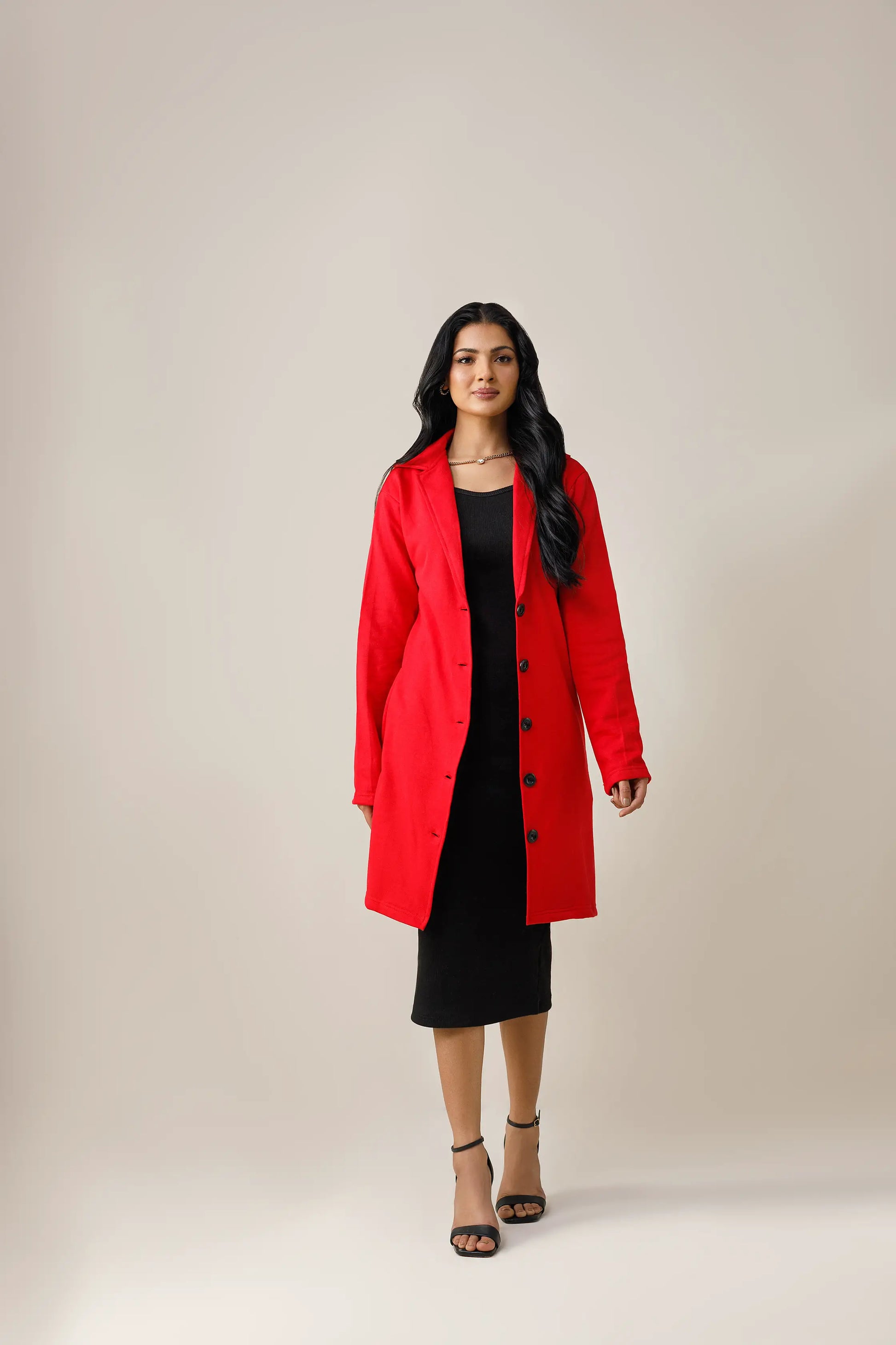 Red Button Down Short Lapel Coat Decuir
