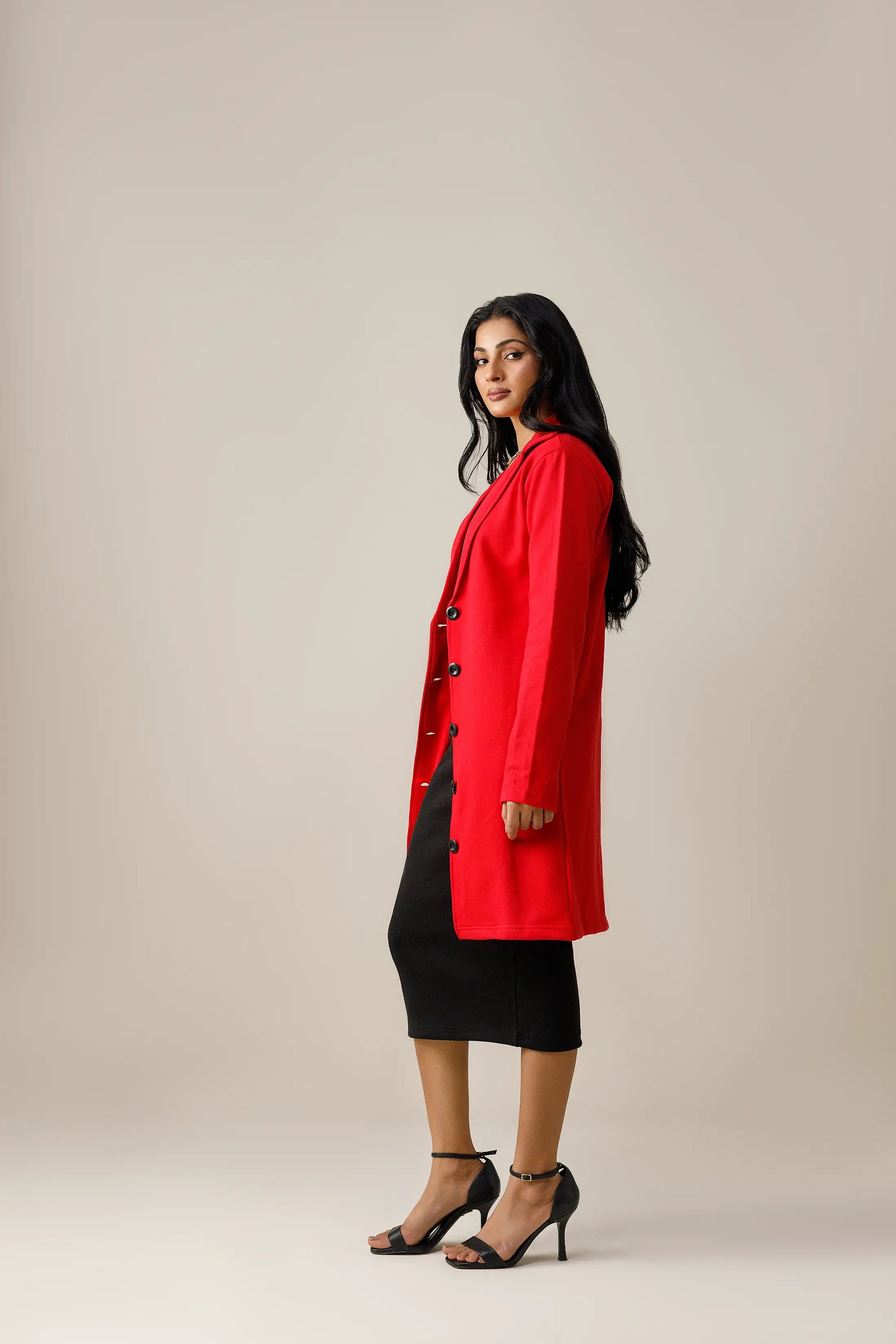 Women's fleece red long coat.