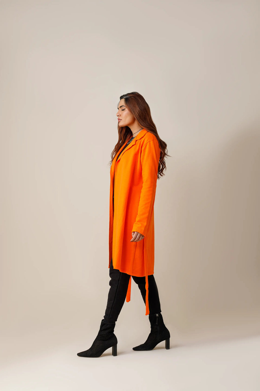 Women's fleece orange long lapel coat.
