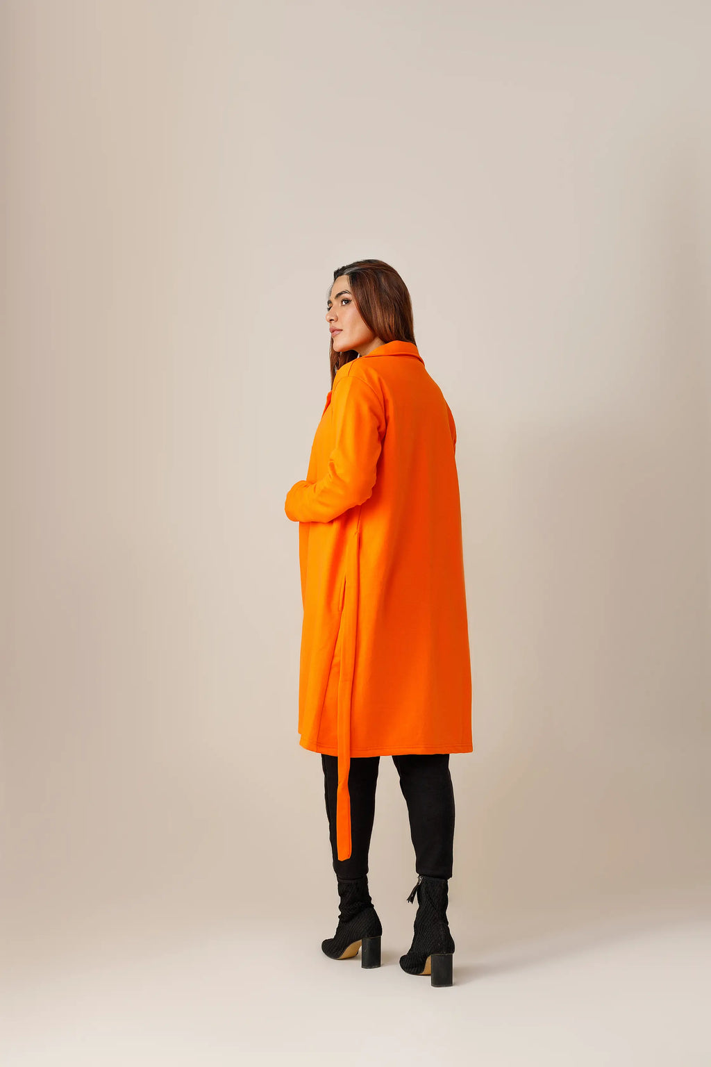 Women's fleece orange long lapel coat.