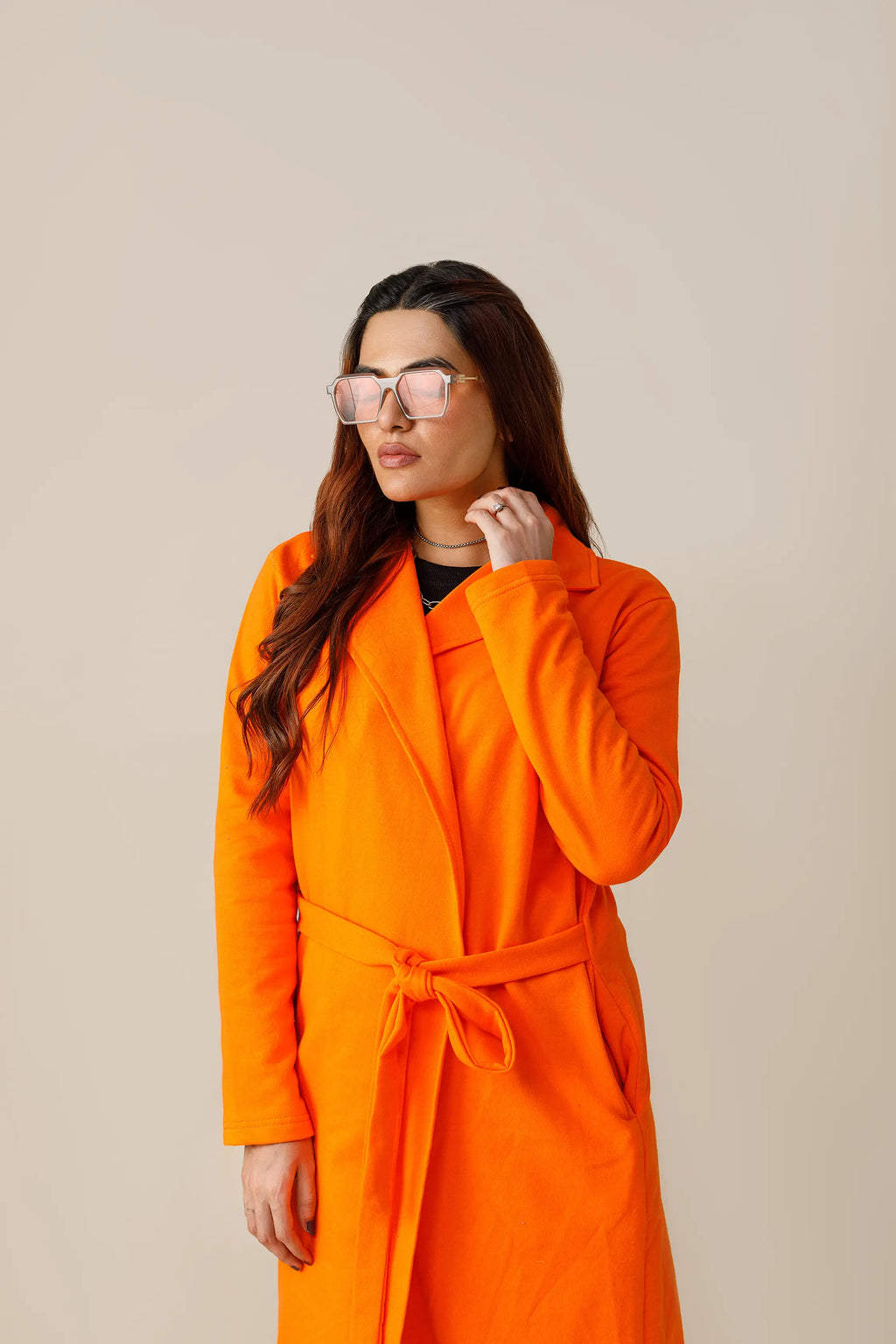 Women's fleece orange long lapel coat.