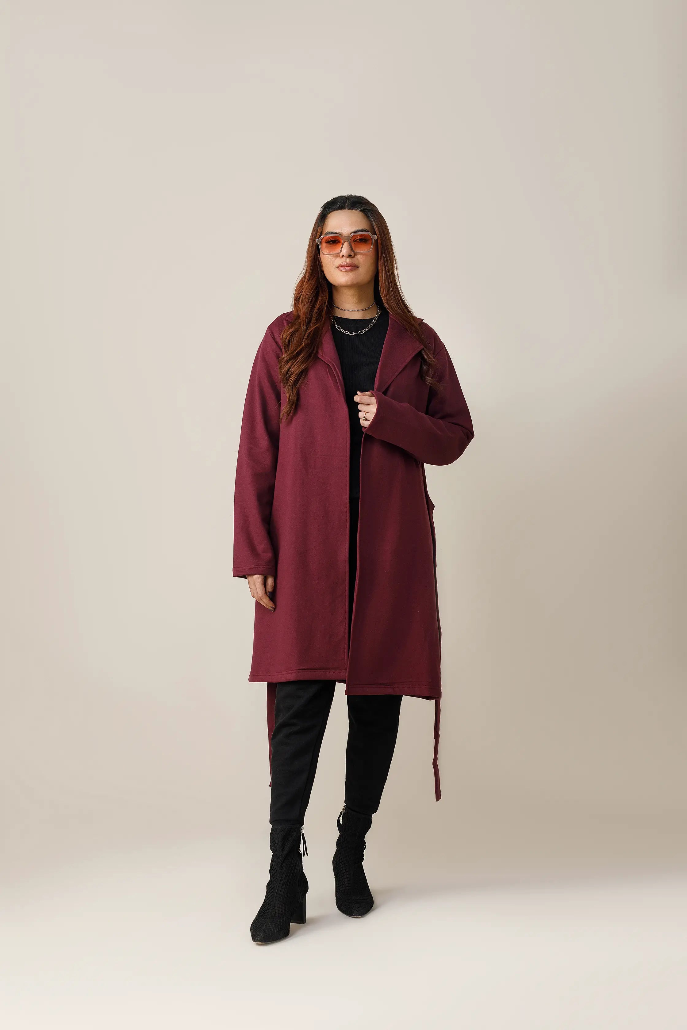 Women's fleece maroon long lapel coat.